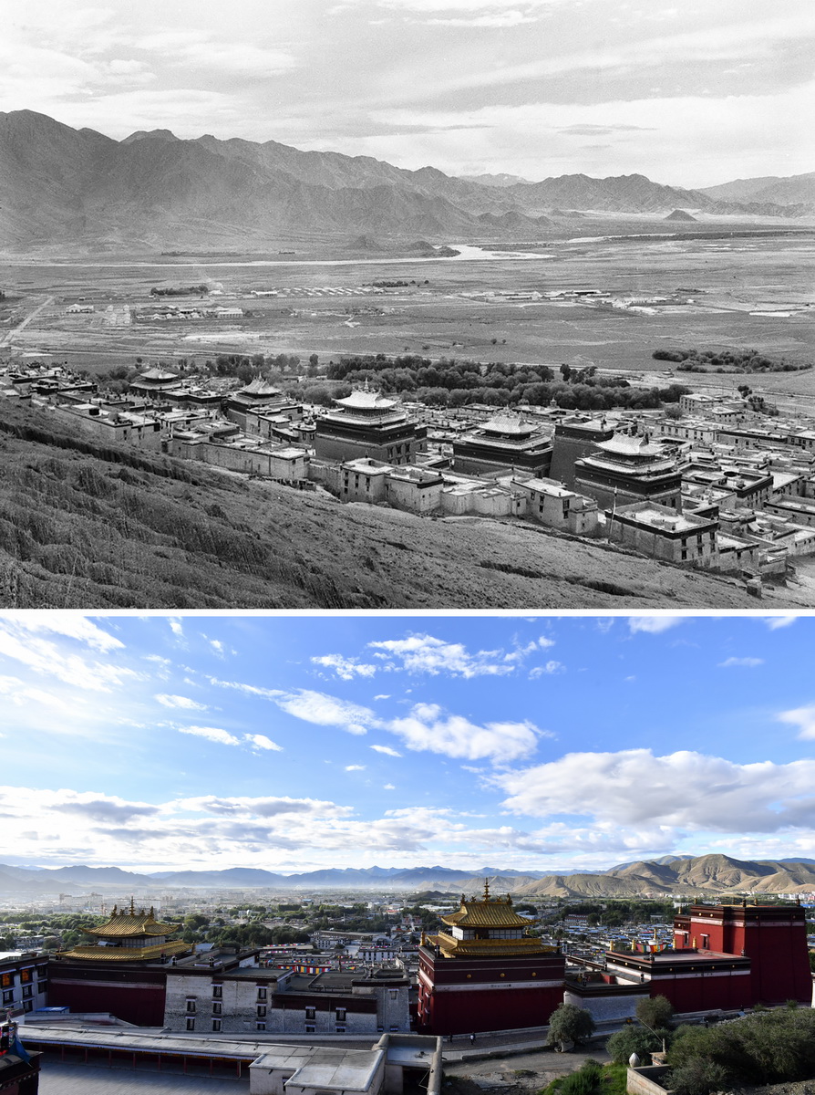 拼版照片:上图是20世纪60年代的日喀则(资料照片;下图是2021年8月9日