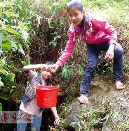 广西干旱致学校缺水 学生用杯子在山谷中舀水喝